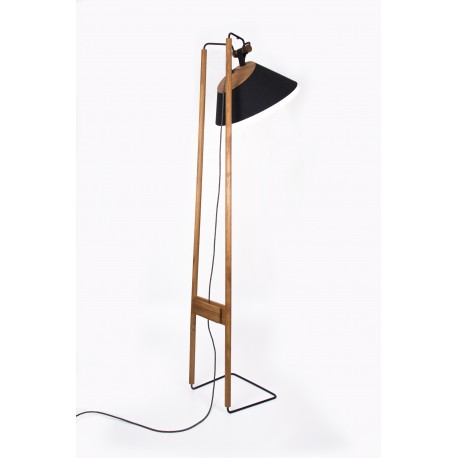 Lampadaire Faro, chêne huilé, flanelle noire, cuir noir, câble anthracite